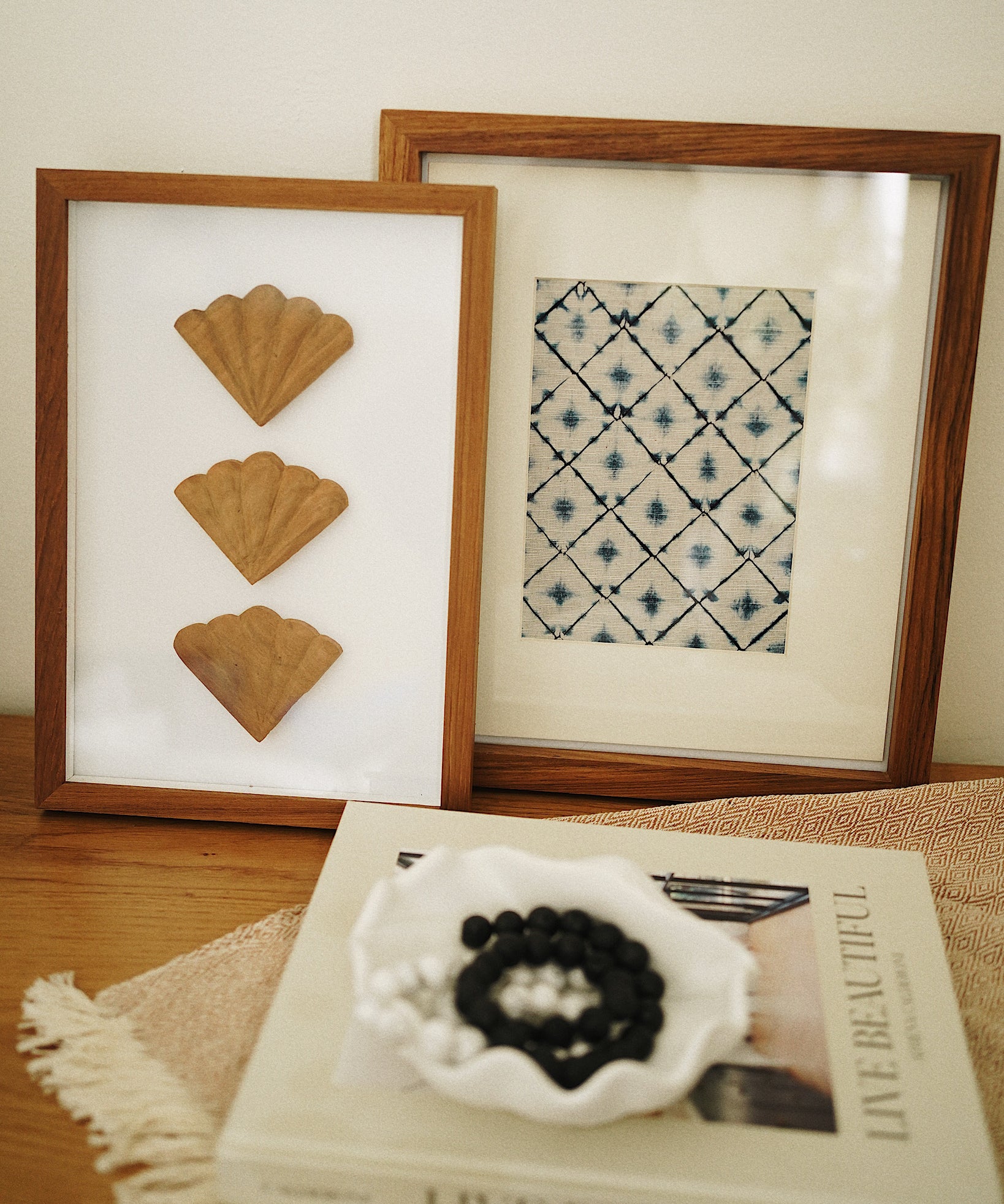 Tie Dye Textile Wall Art in Mountboard Frame No.1 on bedside table